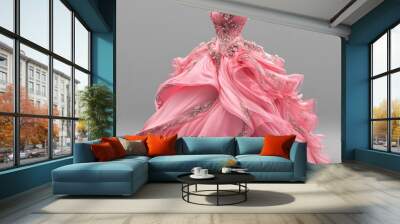 Pink ball gown cascading elegantly, its train billowing gracefully behind, creating a stunning focal point in the room. Wall mural