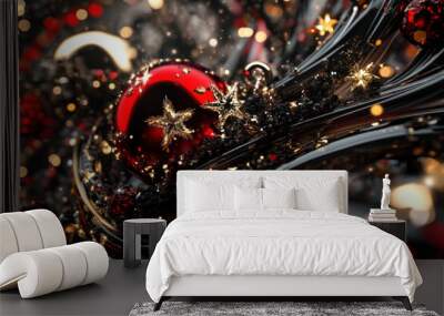 Red Christmas ball against black background, reflecting subtle light, creating a festive contrast. Wall mural