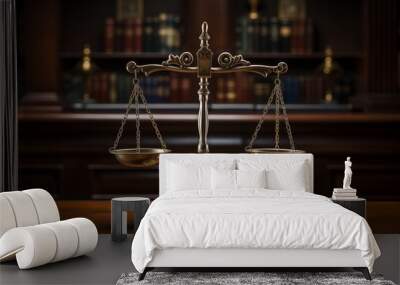 Scales of justice on wooden table in courtroom. Law and justice concept. Wall mural