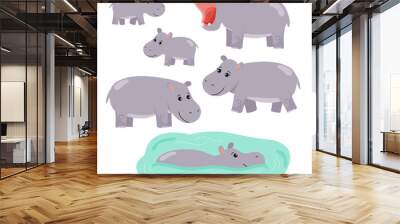 Set of cartoon vector hippo. African animals. Family hippopotamus, hippopotamus swims in the water. Isolated on white background. Wall mural