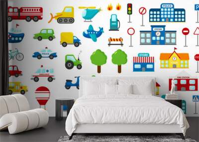 Set of cartoon vector transportation. Cute cars: police, ambulance, fire engine, truck, bus. Road signs. Buildings: fire station, hospital, station, police station, school and store. Wall mural