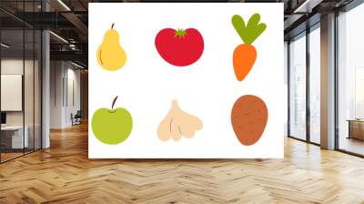 Set of fruits and vegetables elements: eggplant, pear, tomato, carrot, pepper, apple, garlic, potato, pumpkin. Eco bio home production . Spring, summer period. Hand drawn vector illustration. Wall mural