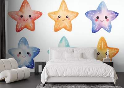 set of happy cute starfish watercolor illustrations for printing on baby clothes, pattern, sticker, postcards, print, fabric, and books  Wall mural