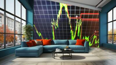 Stock market graph analysis for finance investment. Stock exchange market chart background.  Candle stick graph chart with indicator. Graphs trading including of up and down trend. Wall mural