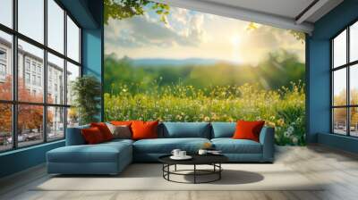 Summer green grass meadow with sunshine views on blurred wild field outdoor background with copy space Wall mural