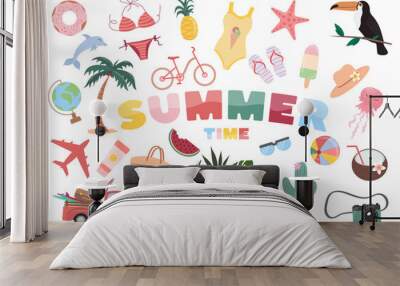 Summer set of cute elements: suitcase, palm tree, toucan, swimwear, camera, bicycle, plane, pineapple, watermelon, ice cream. Summer time.  Wall mural