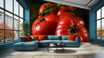 Tomatoes on a branch. Fresh tomatoes on a wooden table. Azeybarjan tomatoes. Ripe tomatoes. Wall mural