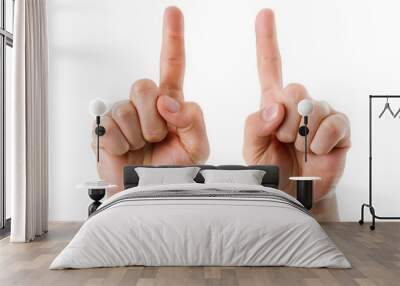 Two Caucasian hands with index fingers pointing upwards on a white background, symbolizing direction or instruction Wall mural