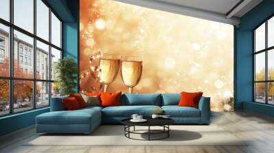 Two glasses of champagne, sparkling against a festive Christmas backdrop. Wall mural