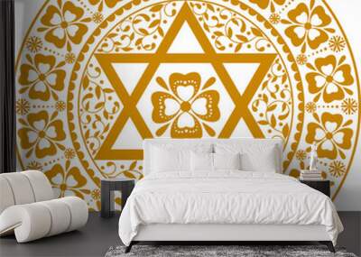 Judaica art. Cut out golden plate with floral framing and star Wall mural