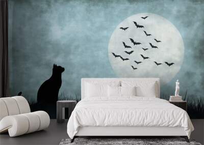 Silhouette of a black cat looking at the moon with flying bats, Halloween atmosphere Wall mural