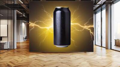 black energy drink can with electric yellow golden energy lightning in the background Wall mural