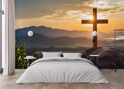 christian cross on hill happy easter christian symbol of faith crucifix symbol on mountain against sunrise sunset sky background death and resurrection of jesus christ Wall mural