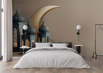 modern 3d greeting card islamic holiday banner suitable for ramadan raya hari eid al adha and mawlid attributes of a mosque a crescent and a lit lantern on a beige background with empty space Wall mural