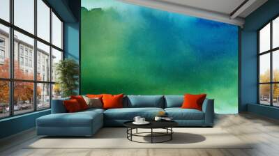 the colors of green and blue are gradated in watercolor on old paper with a smudge dirty texture and grains Wall mural