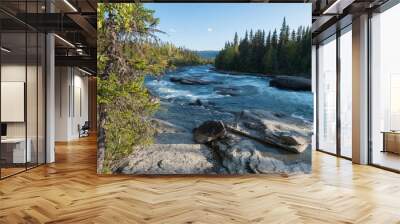 Fisherman man catching fish at beautiful northern landscape with azure blue river Kamajokk, mountains, boulders and spruce tree forest in Kvikkjokk in Swedish Lapland. Summer sunny day, white clouds Wall mural