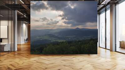 Lusatian Mountains (luzicke hory) panorama,view from Hochwald (Hvozd) mountain on czech german borders with sun rays blue green hills forest and pink cloudy sunset sky background Wall mural