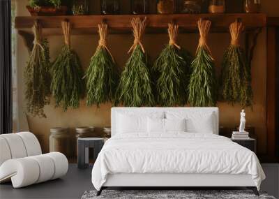 Bundles of dried herbs like rosemary, thyme, and bay leaves hanging from a kitchen wall, with jars of ground spices underneath, showing a blend of fresh and dried elements Wall mural