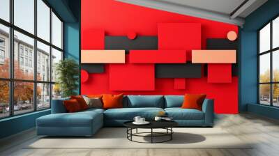 Abstract geometric composition with red and black shapes on a vibrant red background, showcasing modern minimalistic design. Wall mural