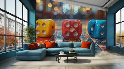 Colorful board game dice in yellow, red, and blue, arranged on a vibrant game board with a blurred background of lights. Wall mural