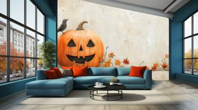 Halloween pumpkin with a carved face and a black crow sitting on top, with autumn leaves on a rustic background. Wall mural