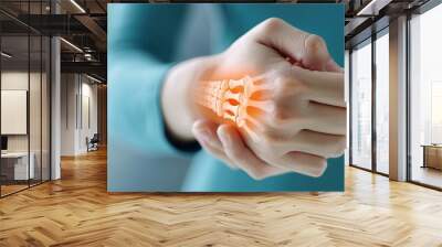 Hand Joint Pain Concept, Close-up of a hand with highlighted bones and inflammation, Visualizing arthritis or injury Wall mural