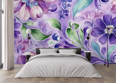 Seamless pattern of a vibrant floral pattern with purple and green hues, perfect for textile or wallpaper design. Wall mural