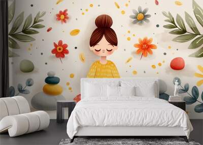 Whimsical illustration of a girl meditating surrounded by flowers, pebbles, and leaves, symbolizing peace and mindfulness. Wall mural