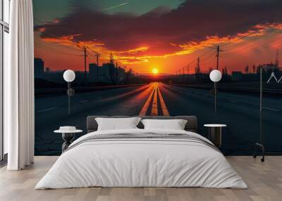 road at sunset in the middle of city Wall mural