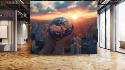 a hand holding globe on city background Wall mural