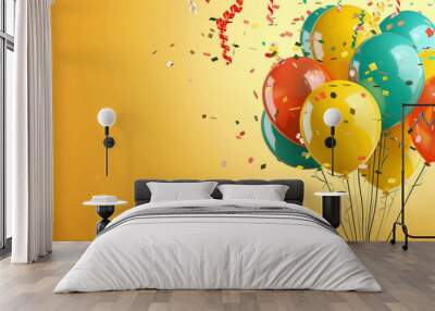 festive yellow background with balloons, streamers and confetti Wall mural