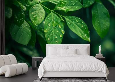 green leaf with drops Wall mural