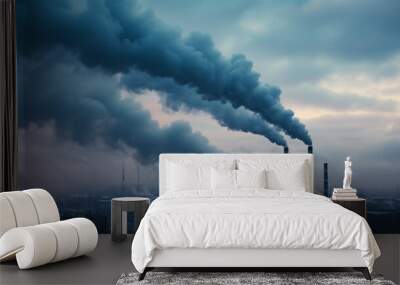 industrial smokestacks emitting dark plumes of pollution into the atmosphere Wall mural