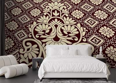 Close-up of a brown and white pattern on a table, placed on a red velvet cloth, shades of dark red and ecru. Detailed intricate block printing, Art Nouveau floor patterns, velvet art, Greek fabrics Wall mural