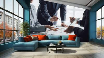 business adviser meeting to analyze and discuss the situation on the financial report in the meeting room.Investment Consultant, Financial advisor and accounting concept Wall mural