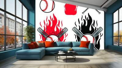 Baseball ball front and cross baseball bat on flame background. Element of sport baseball for logo design. Wall mural