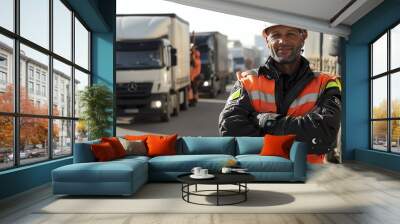 A customs officer blocking trucks at a border checkpoint, border trade restriction, global commerce obstacle Wall mural