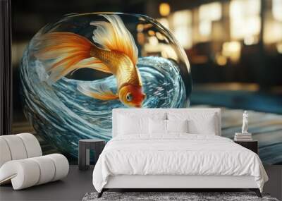 3D HD Golden Siamese Fighting Fish with a long tail, swimming in a stormy fishbowl, with silver fish hiding under curved waves, on an old wooden table Wall mural