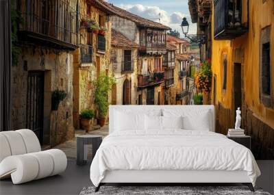 A charming street in a historic Spanish town, with traditional architecture and space for a cultural message. Wall mural