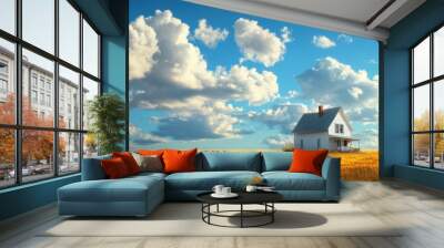 A charming white house sits quietly on a golden field with fluffy clouds floating in the blue sky above. Peaceful and inviting Wall mural