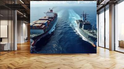 A container ship alongside a navy vessel, highlighting the coexistence of commercial and military maritime operations. Wall mural