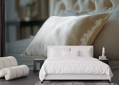 A cream-colored silk pillow placed on a bed, with detailed fabric textures and soft lighting Wall mural