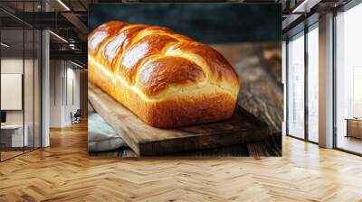 A French brioche loaf with golden crust, placed on a wooden board with text space. Ideal for bakery or breakfast-themed designs. Wall mural