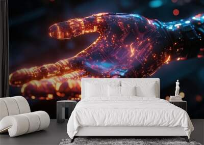 A luminescent robotic hand with glowing circuit patterns, symbolizing advanced cybernetic technology in a futuristic setting. Wall mural