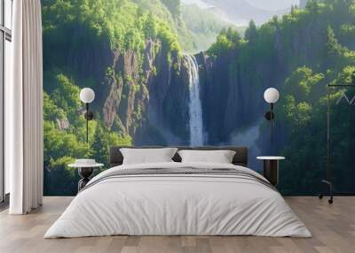 A majestic waterfall cuts through jungle-covered cliffs, mist swirling into the tropical air, framed by vibrant green trees. Realistic, very detailed Wall mural