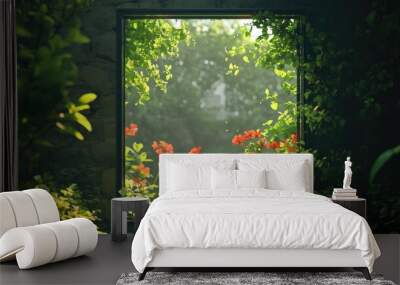 A mirror reflecting a beautiful garden with blooming flowers, bringing the outside beauty indoors. Wall mural