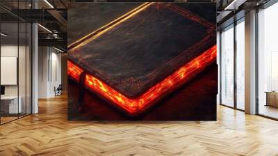 A mystical leather book with glowing red pages, radiating a sense of alchemy, sorcery, or witchcraft, ideal for fantasy or dark themes. Wall mural