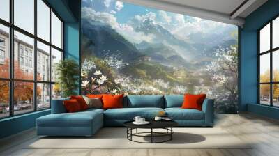 A picturesque landscape featuring jasmine flowers from various cultures, creating a unified display of global beauty. Wall mural