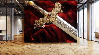 A silver and gold sword with a jeweled hilt, displayed on a luxurious velvet backdrop. Wall mural