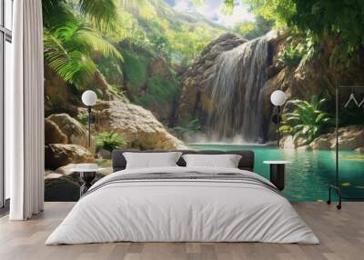 A tranquil oasis with clear turquoise water, lush greenery, and a gentle waterfall framed by large rocks under a bright sky Wall mural